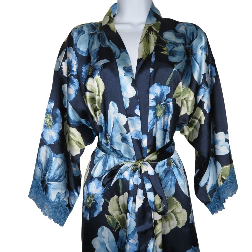 Vintage Linea Donatella Knee Length Floral Satin Robe L/XL Lace Trim Sleeve Belt